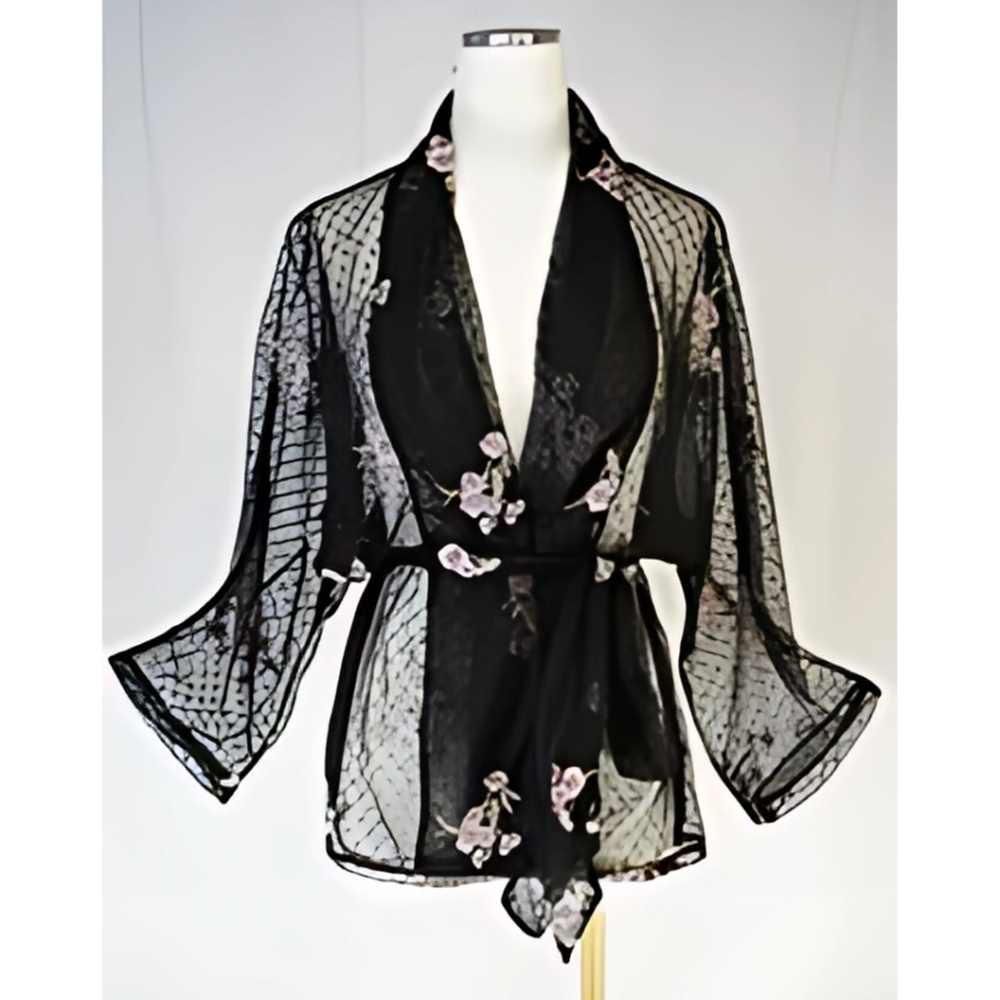 OOAK Jennafer Grace Sheer Black Mesh Embroidered Kimono Wrap Top XL NWOT